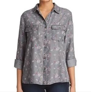 Billy T gray with pink floral button up top size medium slit back front pockets